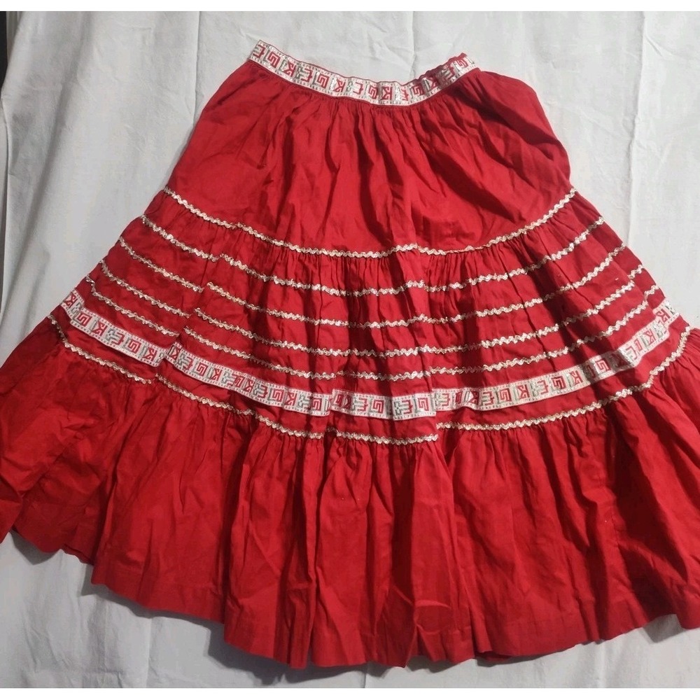 Red Tiered Maxi Skirt Folkloric Trim Boho Festival Ruffle